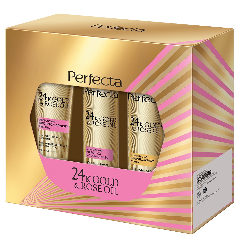 24K Gold & Rose Oil Set Jemný Peeling 75g + Hydratačné Tonikum 200ml + Odličovacie Mlieko 200ml