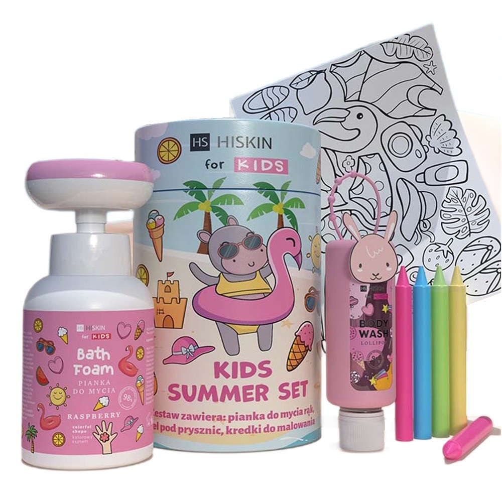 Kids Summer Pink Set Detská Letná Ružová Sada Mlieko Do Kúpeľa 75ml + Pena Na Umývanie 300ml + Pastelky 5ks + Omaľovánka